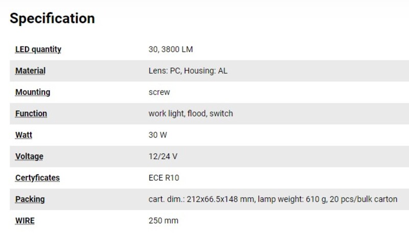WORK LIGHT 30 LED 3800 LM 110x108 WITH SWITCH - AMA RICAMBI - 68050 - Image 6
